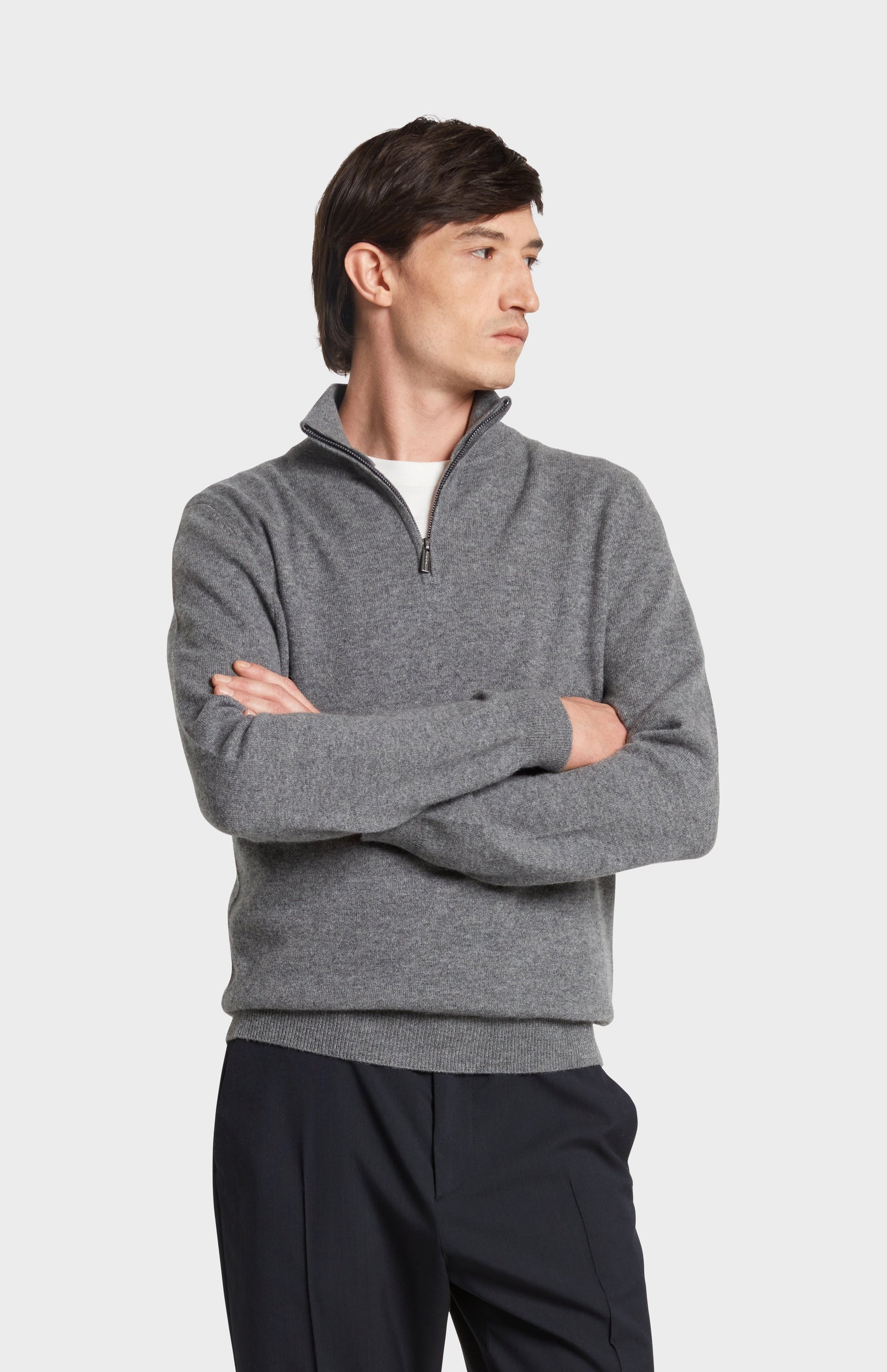 Men's Qtr Zip Cashmere Classic Jumper In Grey Melange