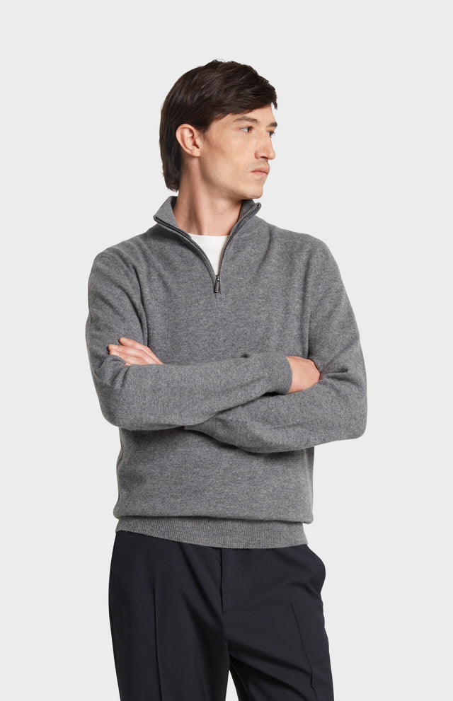 Men's Qtr Zip Cashmere Classic Jumper In Grey Melange
