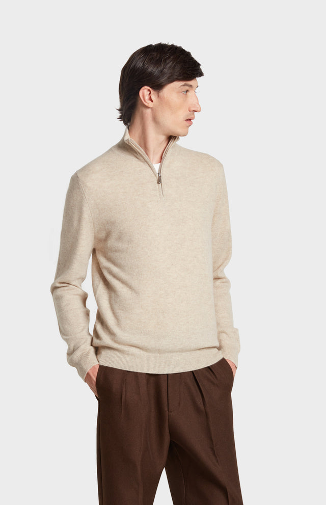 Men's Qtr Zip Cashmere Classic Jumper In Oatmeal