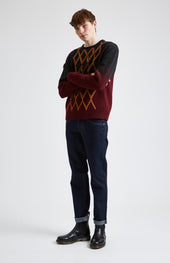 Lambswool Round Neck Jumper With Argyle Pattern And Degrade Effect In Charocal And Dark Claret