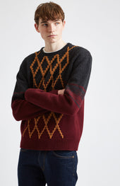 Lambswool Round Neck Jumper With Argyle Pattern And Degrade Effect In Charocal And Dark Claret