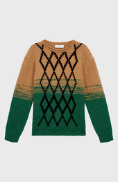 Lambswool Round Neck Jumper With Argyle Pattern And Degrade Effect In Vicuna And Evergreen