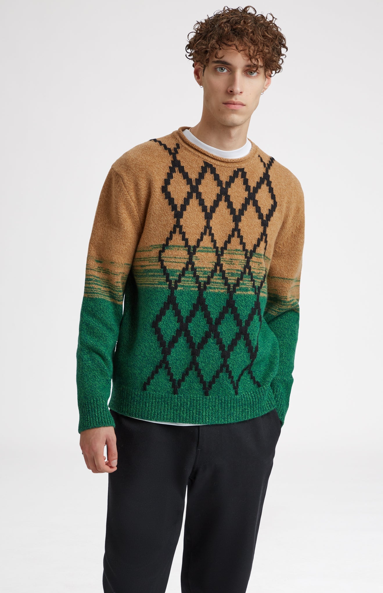 Lambswool Round Neck Jumper With Argyle Pattern And Degrade Effect In Vicuna And Evergreen