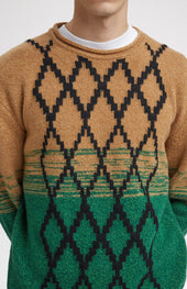 Lambswool Round Neck Jumper With Argyle Pattern And Degrade Effect In Vicuna And Evergreen