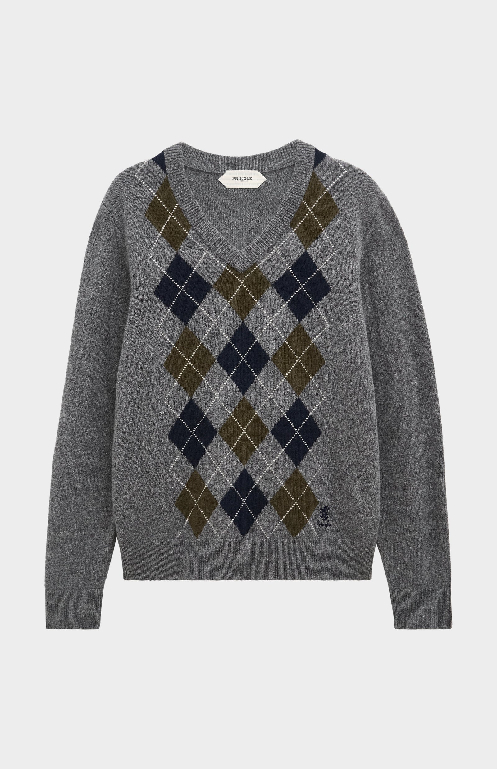 Men's Kessock V-neck Supersoft Lambswool Argyle Jumper In Grey / Olive / Navy