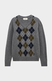 Men's Kessock V-neck Supersoft Lambswool Argyle Jumper In Grey / Olive / Navy