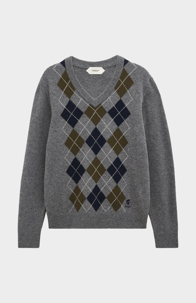 Men's Kessock V-neck Supersoft Lambswool Argyle Jumper In Grey / Olive / Navy