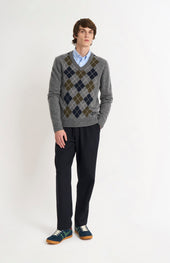 Men's Kessock V-neck Supersoft Lambswool Argyle Jumper In Grey / Olive / Navy