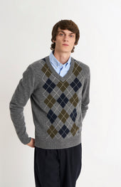 Men's Kessock V-neck Supersoft Lambswool Argyle Jumper In Grey / Olive / Navy