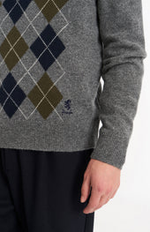 Men's Kessock V-neck Supersoft Lambswool Argyle Jumper In Grey / Olive / Navy