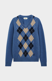 Men's Kessock V-neck Supersoft Lambswool Argyle Jumper In Blue / Mushroom / Navy