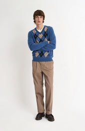 Men's Kessock V-neck Supersoft Lambswool Argyle Jumper In Blue / Mushroom / Navy