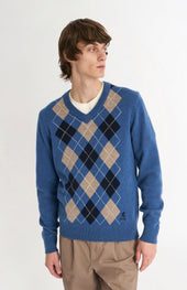 Men's Kessock V-neck Supersoft Lambswool Argyle Jumper In Blue / Mushroom / Navy