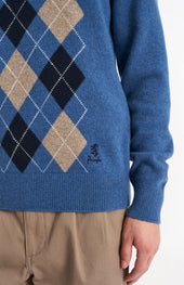Men's Kessock V-neck Supersoft Lambswool Argyle Jumper In Blue / Mushroom / Navy