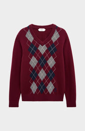 Men's Kessock V-neck Supersoft Lambswool Argyle Jumper In Burgundy/ Navy / Grey