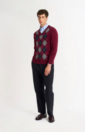 Men's Kessock V-neck Supersoft Lambswool Argyle Jumper In Burgundy/ Navy / Grey