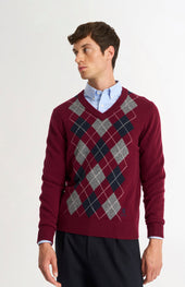 Men's Kessock V-neck Supersoft Lambswool Argyle Jumper In Burgundy/ Navy / Grey
