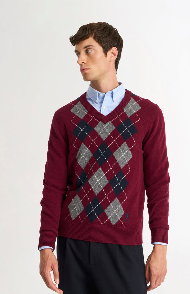 Men's Kessock V-neck Supersoft Lambswool Argyle Jumper In Burgundy/ Navy / Grey