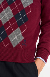 Men's Kessock V-neck Supersoft Lambswool Argyle Jumper In Burgundy/ Navy / Grey