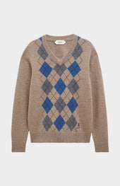 Men's Kessock V-neck Supersoft Lambswool Argyle Jumper In Mushroom / Blue / Grey