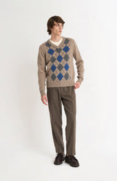 Men's Kessock V-neck Supersoft Lambswool Argyle Jumper In Mushroom / Blue / Grey