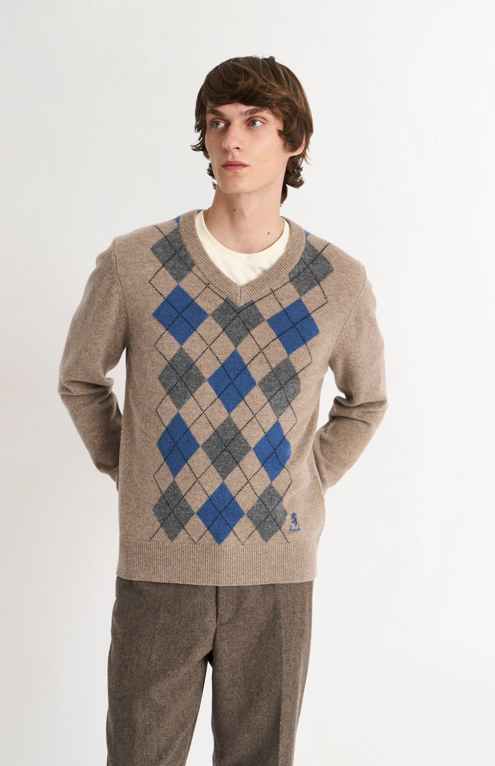 Men's Kessock V-neck Supersoft Lambswool Argyle Jumper In Mushroom / Blue / Grey