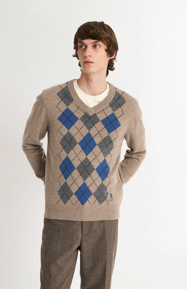 Men's Kessock V-neck Supersoft Lambswool Argyle Jumper In Mushroom / Blue / Grey