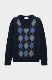 Men's Kessock V-neck Supersoft Lambswool Argyle Jumper In Navy / Sea Blue / Grey Melange