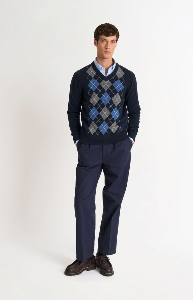 Men's Kessock V-neck Supersoft Lambswool Argyle Jumper In Navy / Sea Blue / Grey Melange