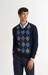 Men's Kessock V-neck Supersoft Lambswool Argyle Jumper In Navy / Sea Blue / Grey Melange