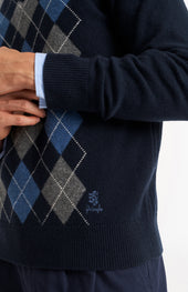 Men's Kessock V-neck Supersoft Lambswool Argyle Jumper In Navy / Sea Blue / Grey Melange