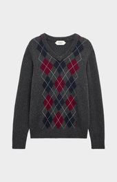 Men's Kessock V-neck Supersoft Lambswool Argyle Jumper In Charcoal / Burgundy / Navy