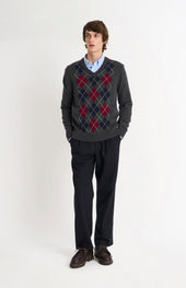 Men's Kessock V-neck Supersoft Lambswool Argyle Jumper In Charcoal / Burgundy / Navy