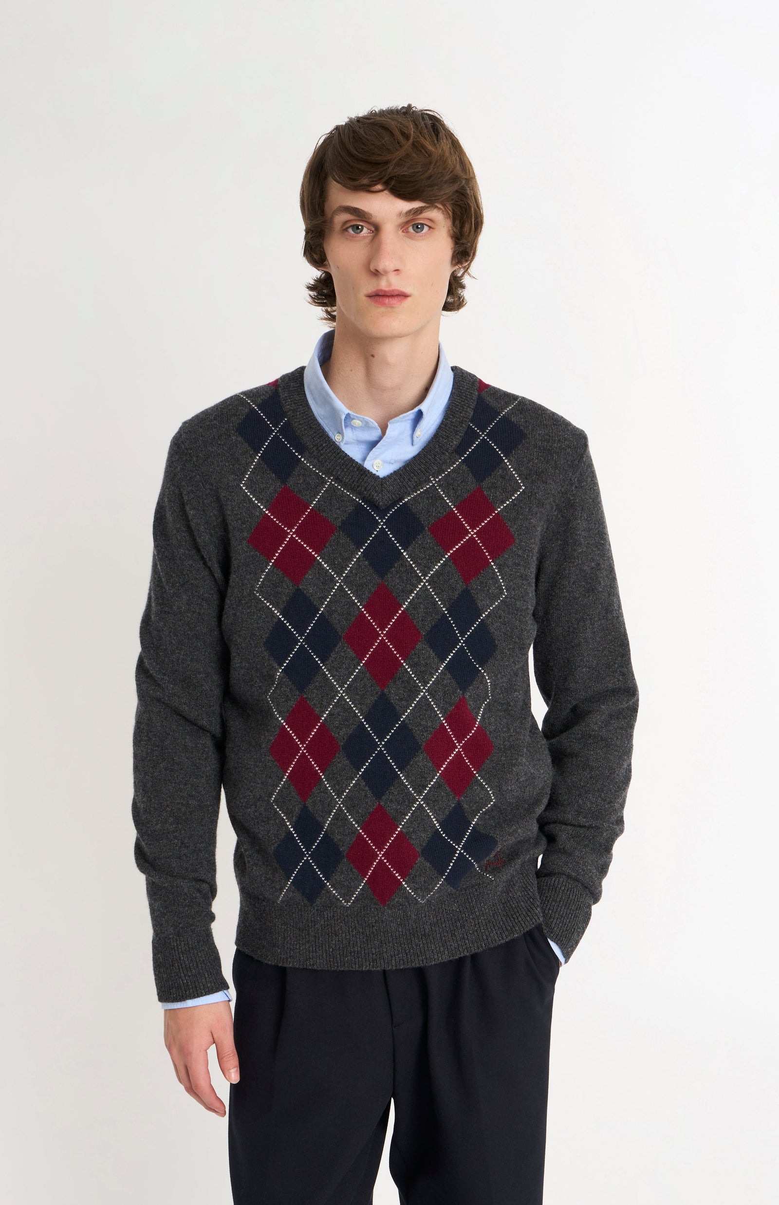 Men's Kessock V-neck Supersoft Lambswool Argyle Jumper In Charcoal / Burgundy / Navy