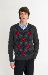 Men's Kessock V-neck Supersoft Lambswool Argyle Jumper In Charcoal / Burgundy / Navy