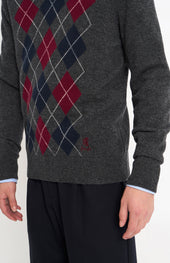 Men's Kessock V-neck Supersoft Lambswool Argyle Jumper In Charcoal / Burgundy / Navy