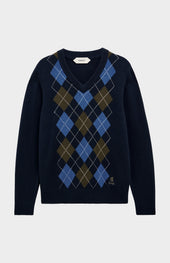 Men's Kessock V-neck Supersoft Lambswool Argyle Jumper In Navy / Blue / Olive