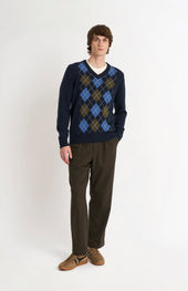 Men's Kessock V-neck Supersoft Lambswool Argyle Jumper In Navy / Blue / Olive