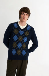 Men's Kessock V-neck Supersoft Lambswool Argyle Jumper In Navy / Blue / Olive