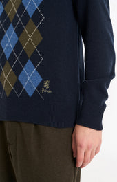 Men's Kessock V-neck Supersoft Lambswool Argyle Jumper In Navy / Blue / Olive