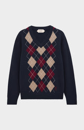 Men's Kessock V-neck Supersoft Lambswool Argyle Jumper In Navy / Mushroom / Burgundy