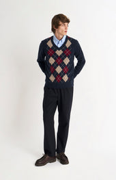 Men's Kessock V-neck Supersoft Lambswool Argyle Jumper In Navy / Mushroom / Burgundy