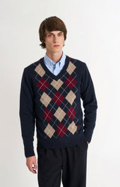 Men's Kessock V-neck Supersoft Lambswool Argyle Jumper In Navy / Mushroom / Burgundy