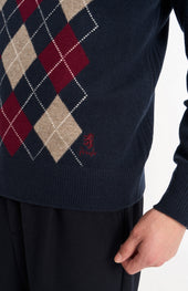 Men's Kessock V-neck Supersoft Lambswool Argyle Jumper In Navy / Mushroom / Burgundy