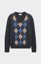 Men's Kessock V-neck Supersoft Lambswool Argyle Jumper In Charcoal / Blue / Mushroom