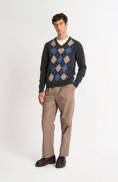 Men's Kessock V-neck Supersoft Lambswool Argyle Jumper In Charcoal / Blue / Mushroom