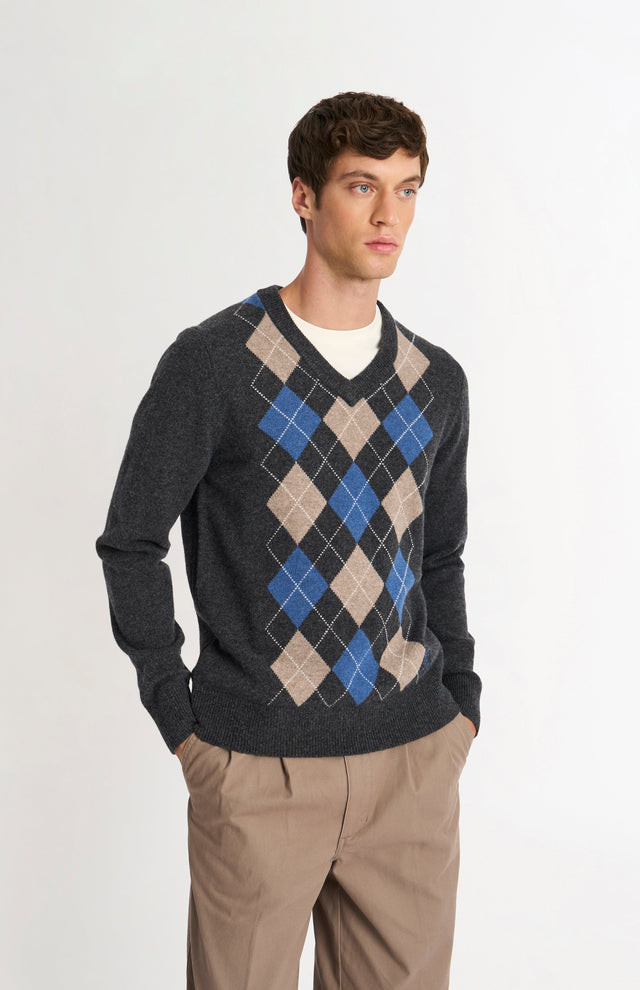 Men's Kessock V-neck Supersoft Lambswool Argyle Jumper In Charcoal / Blue / Mushroom