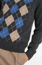 Men's Kessock V-neck Supersoft Lambswool Argyle Jumper In Charcoal / Blue / Mushroom