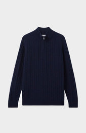 Quarter Zip Lambswool Cable Knit Jumper In Midnight
