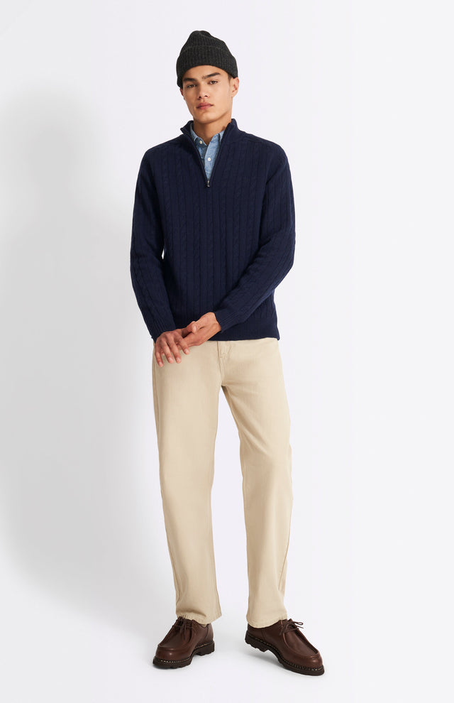 Quarter Zip Lambswool Cable Knit Jumper In Midnight